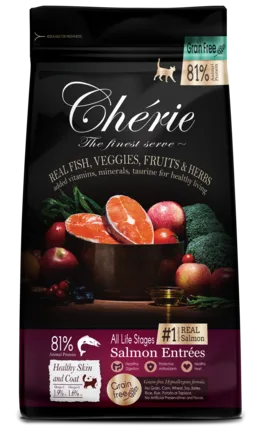 Cherie Dry Food Healthy Skin and Coat - Salmon Entrеes, Повнораціонний беззерновий сухий корм для всіх стадій життя котів з лососем. Підтримка здоров'я шкіри та шерсті. 2 кг
