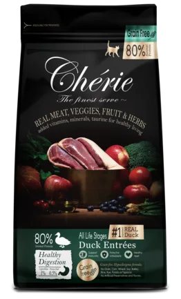 Cherie Dry Food Healthy Digestion - Duck Entrеes, Повнораціонний беззерновий сухий корм для всіх стадій життя котів з качкою. Підтримка здорового травлення. 400 г