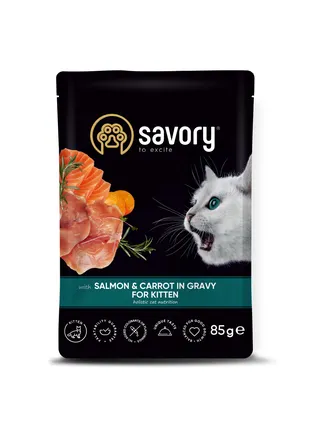 Вологий корм Savory для кошенят, лосось із морквою у соусі, пауч, 85 г