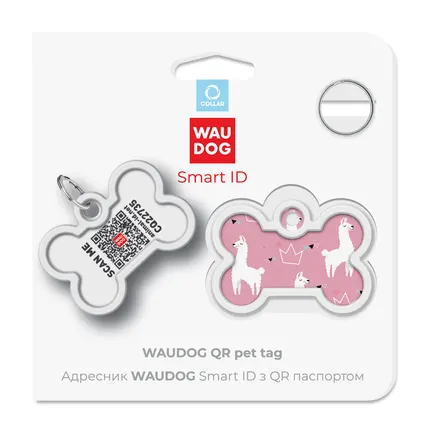 Адресник для собак і котів металевий WAUDOG Smart ID з QR паспортом, малюнок "Лами", кістка, Д 40 мм, Ш 28 мм: додаткове фото 5