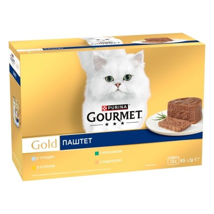 Вологий корм GOURMET Gold для дорослих котів паштет мультипак: з тунцем 3х85г, з куркою 3х85г, з кроликом 3х85г, з індичкою 3х85г — Фото 1