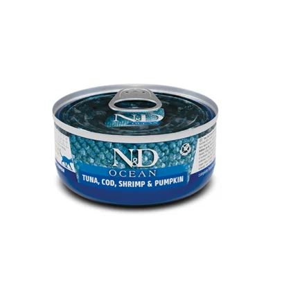 Вологий корм Farmina N&D Grain Free OCEAN TUNA, COD, SHRIMP & PUMPKIN для котів, беззерновий, тунець, креветка, гарбуз 70 г