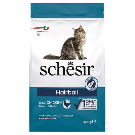 Schesir Cat Hairball ШЕЗІР ДЛЯ ВИВЕДЕННЯ ШЕРСТІ сухий монопротеїновий корм для котів з довгою шерстю 0,4 кг