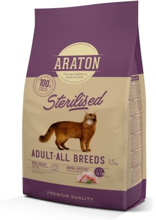 Повноцінний сухий корм для стерилізованих котів ARATON STERILISED Adult All Breeds 1,5кg