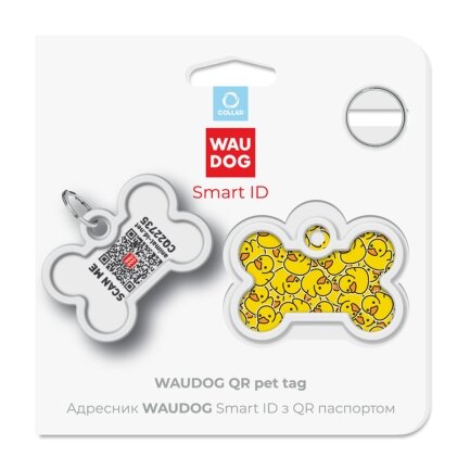 Адресник для собак і котів металевий WAUDOG Smart ID з QR паспортом, малюнок &quot;Качки&quot;, кістка, Д 40 мм, Ш 28 мм — Фото 4