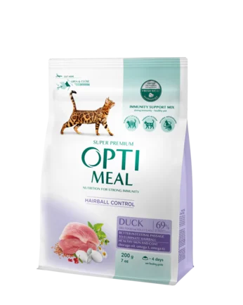OPTIMEAL™. Повнораціонний сухий корм для дорослих котів з ефектом виведення шерсті - качка, 0,2 кг