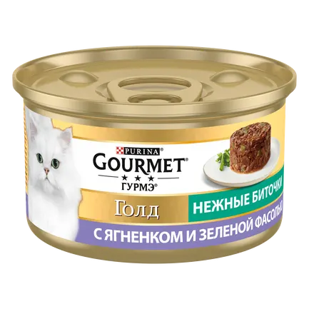 Вологий корм GOURMET Gold &quot;Ніжні биточки&quot; для дорослих котів з ягням та зеленою квасолею 85 г