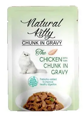 Natural Kitty Chunk in Gravy Chiken and Tuna Повноцінний вологий корм для котів у вигляді шматочків курки та тунця з курячою печінкою у соусі, 85 г