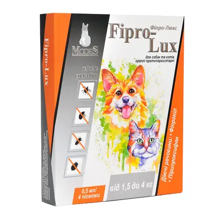 Фіпро-Люкс (Fipro-Lux) протипаразитарні краплі для кошенят та цуценят 1,5-4 кг, 0,5мл, MODES (від бліх, від кліщів)
