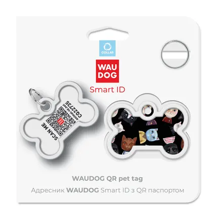 Адресник для собак і котів металевий WAUDOG Smart ID з QR паспортом, малюнок "Коти", кістка, Д 40 мм, Ш 28 мм: додаткове фото 5