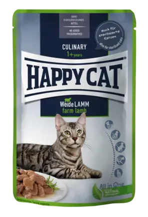 Вологий корм Happy Cat Culinary WeideLamm у вигляді шматочків в cоусі для котів з ягням