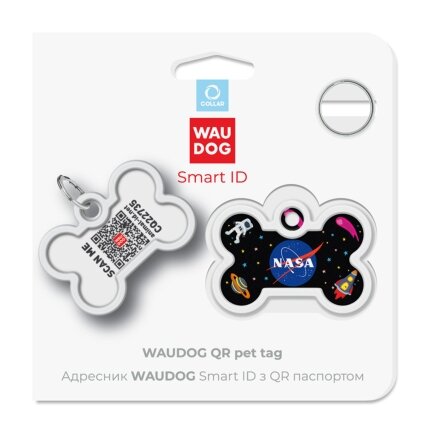 Адресник для собак і котів металевий WAUDOG Smart ID з QR паспортом, малюнок &quot;NASA&quot;, кістка, Д 40 мм, Ш 28 мм — Фото 4