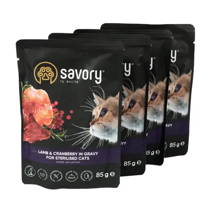 Набір вологих кормів Savory "3+1" для стерилізованих котів, ягня з журавлиною у соусі, паучі, 4 шт 85 г: додаткове фото 4
