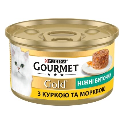 Вологий корм GOURMET Gold &quot;Ніжні биточки&quot; для дорослих котів з куркою та морковою 85 г — Фото 1