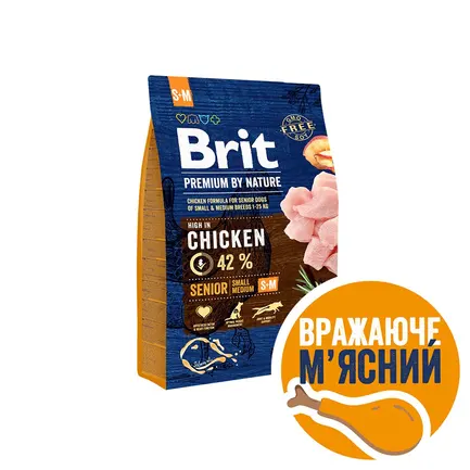 Сухий корм Brit Premium Dog Senior S+M для старіючих собак малих і середніх порід, з куркою, 3 кг