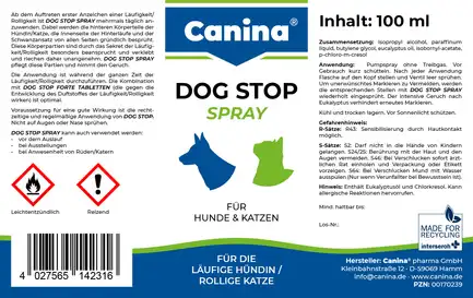 Гігієнічний засіб Canina Dog Stop Spray для собак і котів для заспокоєння спрей при тічці сук 100 мл: додаткове фото 2