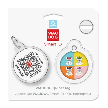 Адресник для собак і котів металевий WAUDOG Smart ID з QR паспортом, малюнок "Французький бульдог", коло, Д 30 мм: додаткове фото 5
