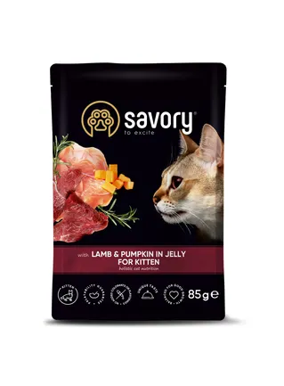 Вологий корм Savory для кошенят, ягня з гарбузом у желе, пауч, 85 г