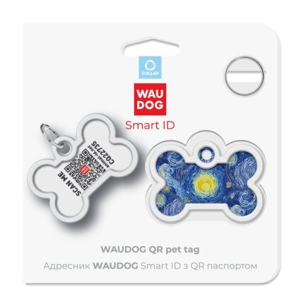 Адресник для собак і котів металевий WAUDOG Smart ID з QR паспортом, малюнок &quot;Водяні лілії&quot;, кістка, Д 40 мм, Ш 28 мм — Фото 4