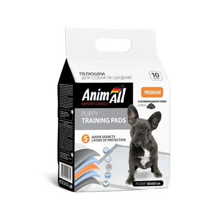 Пелюшки AnimAll Puppy Training Pads для собак і цуценят, з активованим вугіллям, 60×60 см, 10 шт