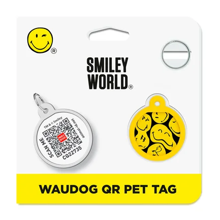 Адресник для собак і котів металевий WAUDOG Smart ID з QR паспортом, малюнок "Смайли на чорному", коло, Д 25 мм: додаткове фото 5