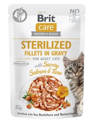 Корм вологий для стерилізованих котів Brit Care Cat Sterilized філе в соусі з лососем і тунцем, пауч, 85 г