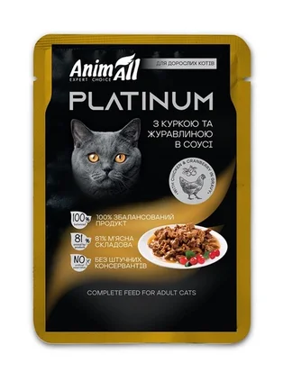 АнімАлл вологий корм PLATINUM Пауч для дорослих котів з Куркою та Журавлиною в соусі, 85г
