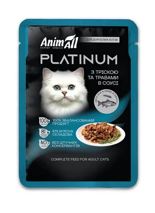 АнімАлл вологий корм PLATINUM Пауч для дорослих котів з Тріскою та Травами в соусі, 85г