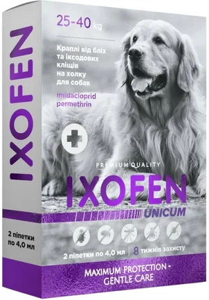 Краплі на холку Unicum Ixofen від бліх, іксодових кліщів та комарів для собак 25-40 кг 2 піпетки х 4 мл