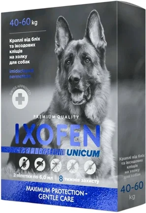 Краплі на холку Unicum Ixofen від бліх, іксодових кліщів та комарів для собак 40-60 кг 2 піпетки х 6 мл