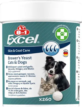 Вітаміни 8in1 Excel Brewers Yeast для собак та котів, пивні дріжджі з часником, для шкіри та шерсті, 260 шт