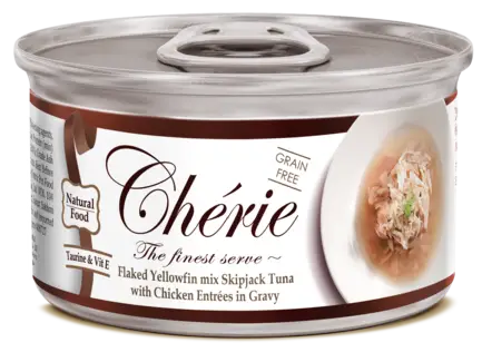 Cherie 80g Signature Gravy Flaked Yellowfin mix Skipjack Tuna with Chicken Entrеes in Gravy вологий корм для котів з ніжними шматочками жовтоперого тунця та курки в соусі