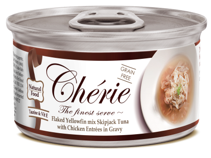 Cherie 80g Signature Gravy Flaked Yellowfin mix Skipjack Tuna with Chicken Entrеes in Gravy вологий корм для котів з ніжними шматочками жовтоперого тунця та курки в соусі