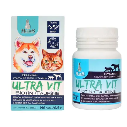 Ультра Віт Біовіт та Таурін (Ultra Vit Biotin + Taurine) вітамінно-мінеральні комплекси для собак та котів 140шт*0,5г, MODES: додаткове фото 2
