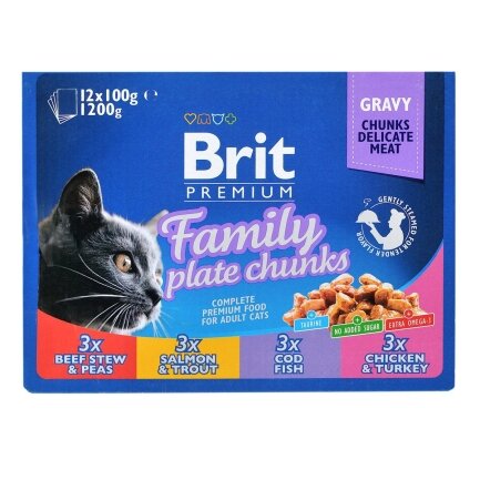 Набір вологих кормів Brit Premium Cat Pouch «Сімейна тарілка» для котів, асорті із 4 смаків, 12 шт х 100 г — Фото 1