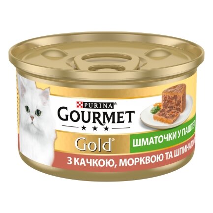 Вологий корм GOURMET Gold для дорослих котів шматочки у паштеті з качкою, морквою та шпинатом 85 г — Фото 1