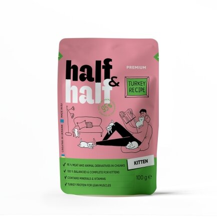 Корм вологий Half&amp;Half для кошенят, шматочки з індичкою у желе у формі пауча, 100 г