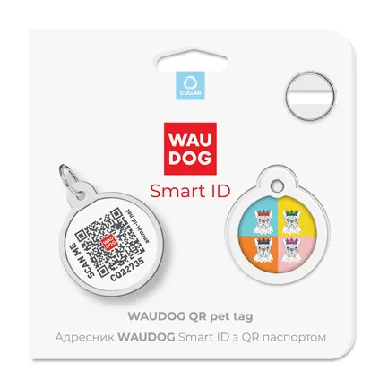 Адресник для собак та котів металічний WAUDOG Smart ID з QR паспортом, малюнок "Французький бульдог", круг, Д 25 мм: додаткове фото 5