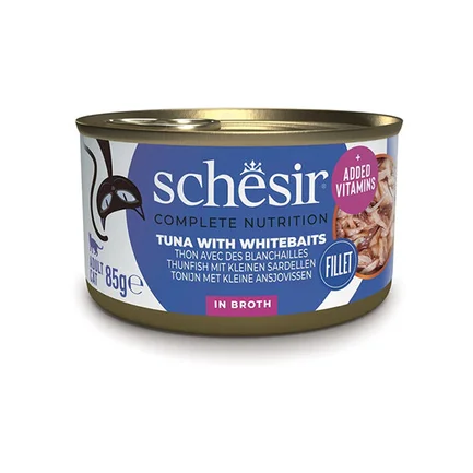 Schesir Tuna with Whitebaits ШЕЗІР ТУНЕЦЬ З АНЧОУСАМИ та рисом в бульйоні натуральні консерви для котів, вологий корм, банка 85г 0,085 кг
