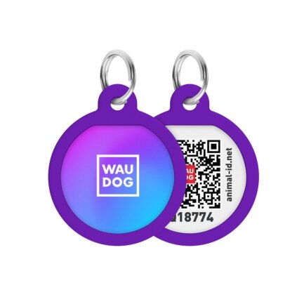 Адресник для собак і котів металевий WAUDOG Smart ID з QR паспортом, малюнок &quot;Градієнт фіолетовий&quot;, коло, Д 25 мм