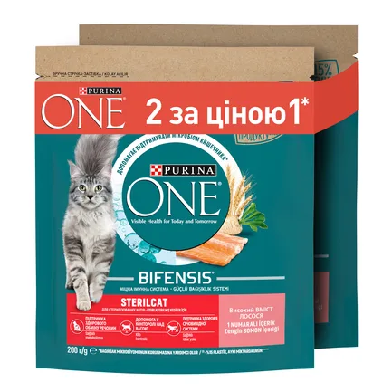 Сухий корм PURINA ONE Sterilcat для дорослих котів після стерилізації комплекс Bifensis з лососем та пшеницею, набір 2х200 г