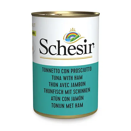 Schesir Tuna with Ham ШЕЗІР ТУНЕЦЬ З ШИНКОЮ в бульйоні натуральні консерви для котів, вологий корм, банка 140г 0,14 кг