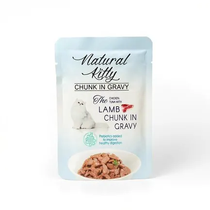 Natural Kitty Chunk in Gravy Chiken, Tuna with Lamb Повноцінний вологий корм для котів у вигляді шматочків курки та тунця з легенями ягняти у соусі, 85 г