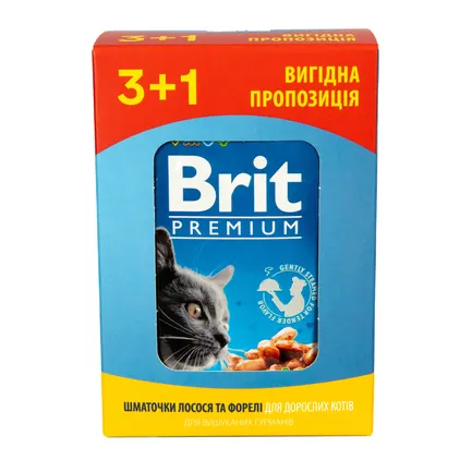 Набір паучів &quot;3+1&quot; для котів Brit Premium Cat pouch з лососем і фореллю, 4 х 100г — Фото 3