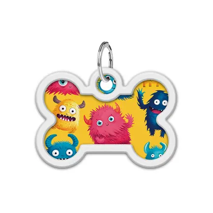Адресник для собак і котів металевий WAUDOG Smart ID з QR паспортом, малюнок "Мохнаті монстри", кістка, Д 40 мм, Ш 28 мм: додаткове фото 2