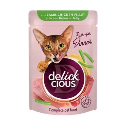 DELICKCIOUS Шматочки з ягнятиною, курячим філе і квасолею спаржевою в желе 0,085 кг