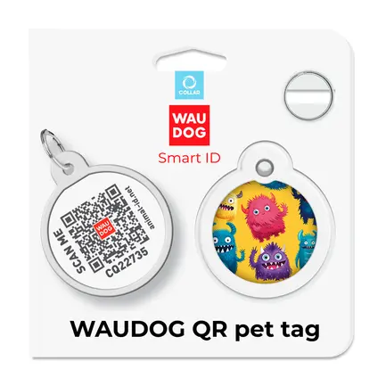 Адресник для собак і котів металевий WAUDOG Smart ID з QR паспортом, малюнок "Мохнаті монстри", коло, Д 30 мм: додаткове фото 5