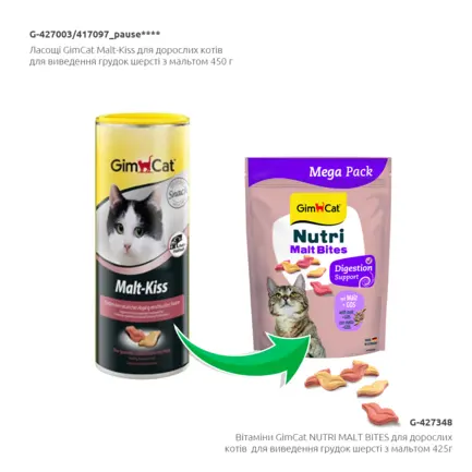 Вітаміни GimCat NUTRI MALT BITES для дорослих котів для виведення грудок шерсті з мальтом 425г: додаткове фото 5