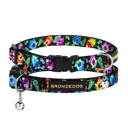 Нашийник для кішок BronzeDog Urban Folk нейлоновий з пластиковою пряжкою та дзвіночком чорний XS