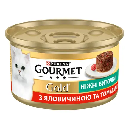 Вологий корм GOURMET Gold "Ніжні биточки" для дорослих котів з яловичиною та томатами 85 г: додаткове фото 2